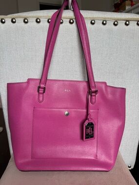 Lauren Ralph Lauren Pink Leather Tote Work Bag Barbiecore Large